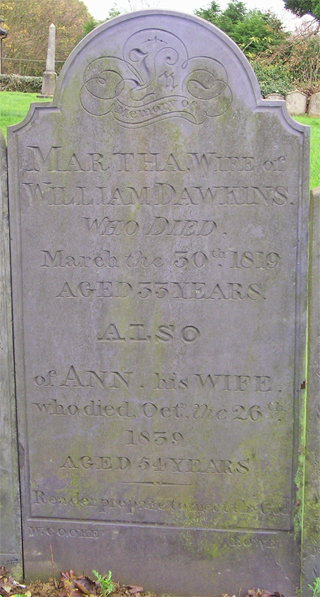 Martha Dawkins - monument. Click for larger image in new window
